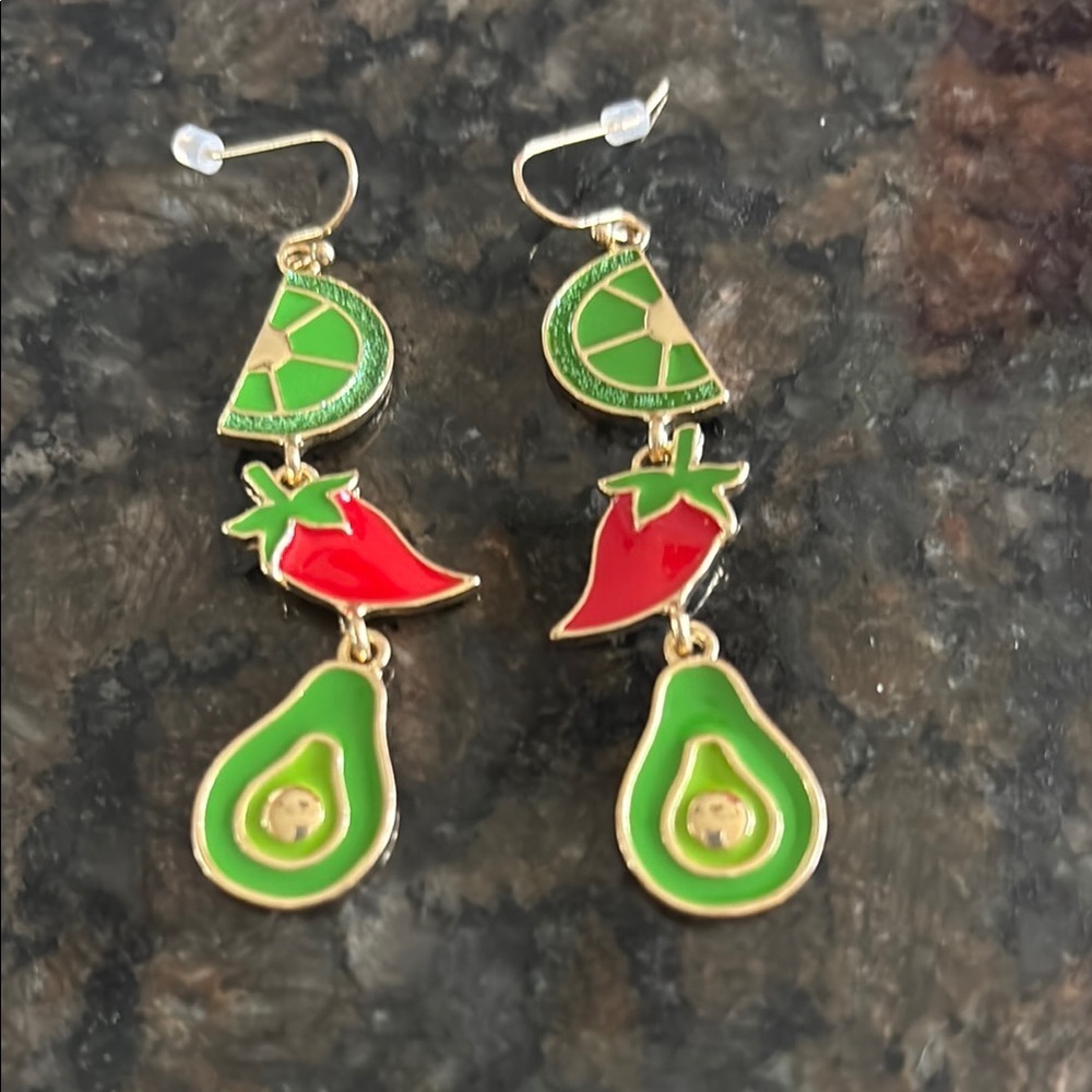 Green and Red Lime Chili Peppers Avocado Earrings